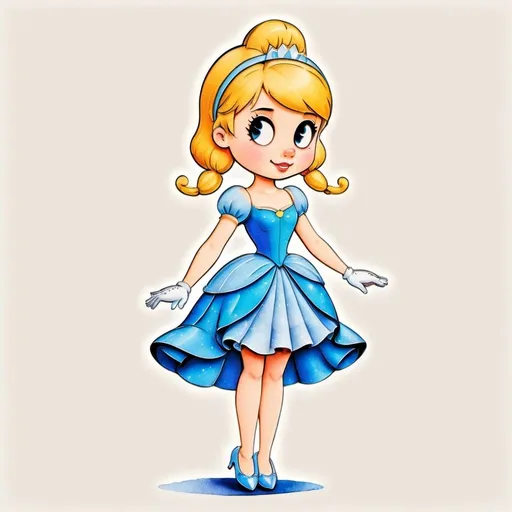 Prompt: young girl, cinderella dress, a lot of details, high quality, standing straight, arms to the sides, paper doll, watercolor,