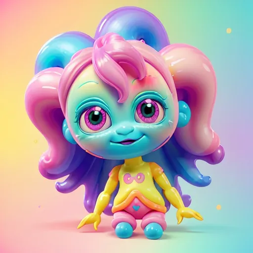 Prompt: Pastel alien doll in Lisa Frank style, vibrant and colorful, soft and cute features, glossy finish, high quality, detailed design, pastel colors, Lisa Frank style, cute and cheerful, glossy, soft features, vibrant colors