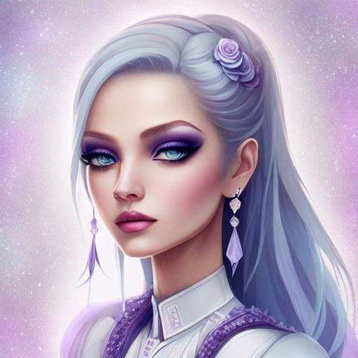 Prompt: A beautiful woman, white hair with pastel purple highlights, violet eyes, blue eyeshadow, pastel blue roses in her hair, blue jewels on forehead, cartoon style