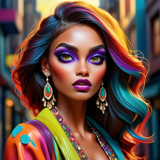 Prompt: digital painting, dramatic colourful makeup, high fashion, intense gaze, realistic portrayal, vibrant colors, detailed features, highres, professional, dramatic, realistic, digital painting, intense gaze, vibrant colors, detailed features, high fashion, glamorous lighting