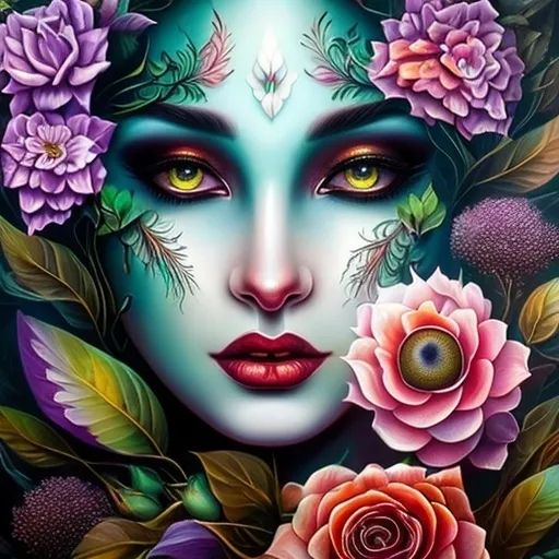 Prompt: Beautiful  hybrid woman with flowers sprouting from her, oil painting, detailed fiery eyes, ethereal glow, dark and mysterious, high quality, vibrant colors, surreal, haunting, intricate floral details, intense gaze, mystical atmosphere, oil painting, demon, hybrid, fiery eyes, ethereal, vibrant colors, surreal, haunting, floral details, intense gaze, mystical atmosphere