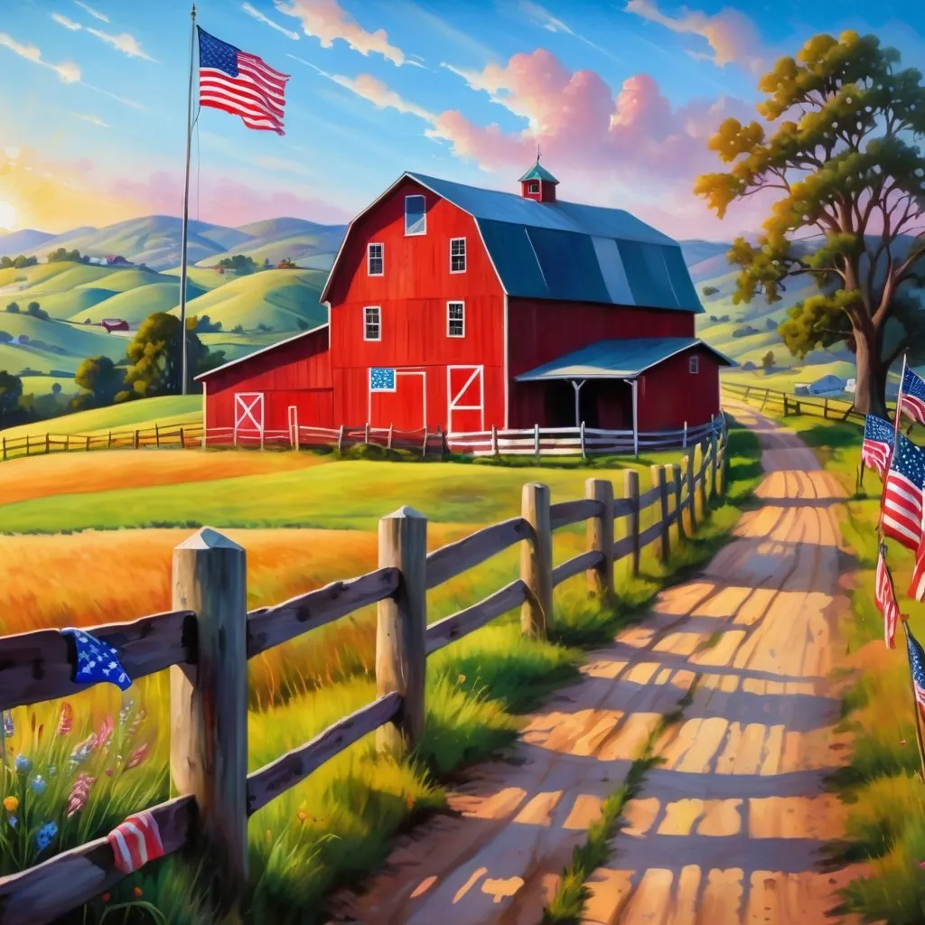 Prompt: Beautiful colorful  painting. Beautiful sunrise in a rural area, with American flags, and rolling hills.