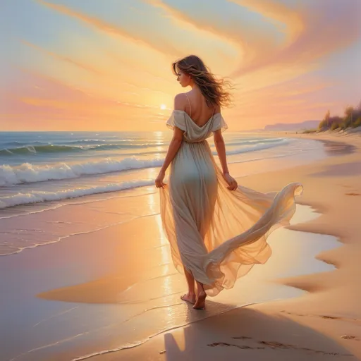 Prompt: woman in a flowing dress, standing gracefully on a serene beach, soft waves lapping at her feet, golden sunset casting a warm glow, delicate breeze bends the fabric gently, tranquil and dreamy atmosphere, footprints in the sandy shoreline, vibrant colors of the sky blending into soft pastels, ultra-detailed, high-quality, picturesque scene.