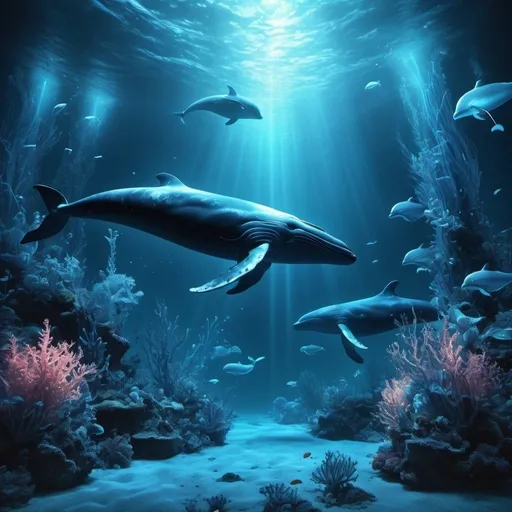 Prompt: Blue-tinted surreal digital artwork of a mystical underwater world, vibrant marine life, sparkling bioluminescent plants, majestic whales swimming gracefully, ethereal and dreamy atmosphere, high quality, detailed 3D rendering, surreal, underwater, bioluminescent, vibrant marine life, mystical, majestic whales, surreal atmosphere, dreamy, professional, ethereal lighting