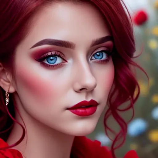 Prompt: A lady in red, blue eyes, Auburn hair, facial closeup<mymodel>