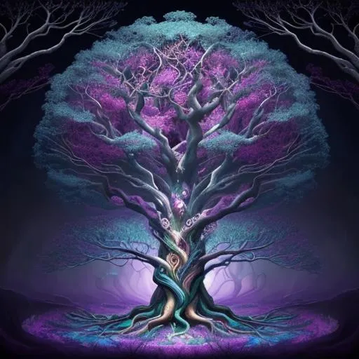 Prompt: Surrealistic depiction of the Tree of Life, vibrant and otherworldly, swirling branches and roots, dreamlike atmosphere, mysterious and enchanting, high quality, detailed surrealism, magical realism, whimsical colors, ethereal lighting, mystical infusion, vibrant and dreamlike, mystical, enchanted, surrealism, vibrant colors, swirling branches, dreamlike, high quality, detailed, magical realism, ethereal lighting