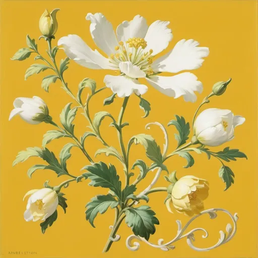 Prompt: a white and yellow flower with green leaves on a yellow background with a yellow background and a white and yellow flower, Annabel Kidston, rococo, artgem, a flemish Baroque