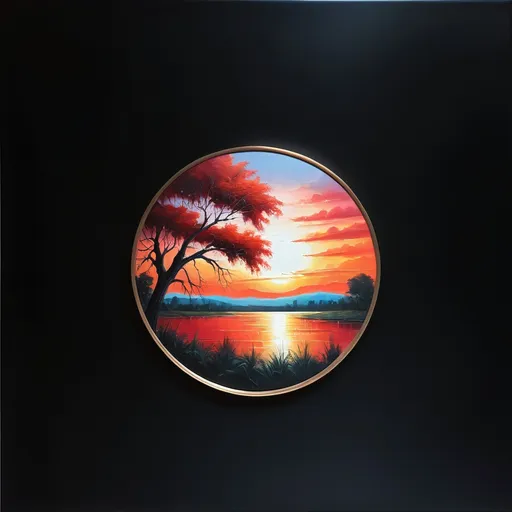 Prompt: Red sunset landscape, oil painting, vibrant colors, fine details, high-quality, realistic, warm tones, dramatic lighting, expansive horizon, silhouettes of trees, serene atmosphere