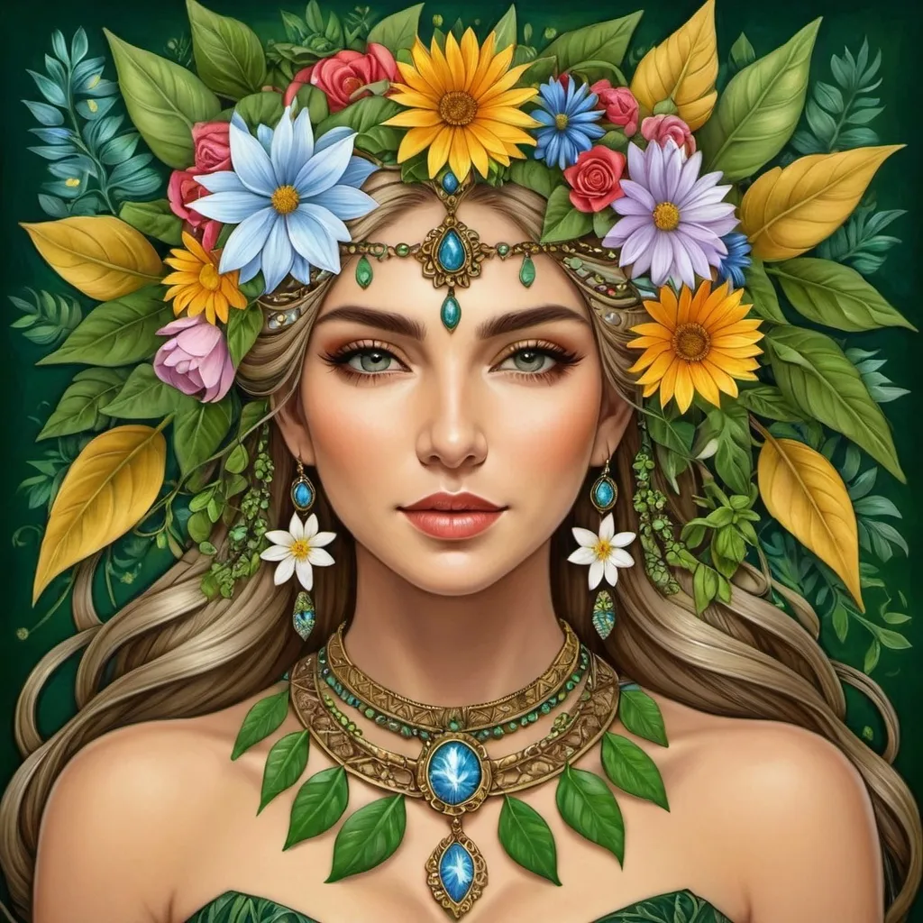 Prompt: a painting of a woman with flowers in her hair and a necklace on her head, with leaves and flowers around her neck, Amanda Sage, fantasy art, highly detailed digital painting, a detailed painting