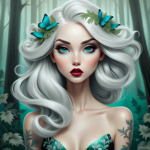 Prompt: The beautiful young lady with blowing platinum hair illustration art by Lori Earley, Daria Endresen, Tristan Eaton. Whimsical forest background, Extremely detailed, intricate, beautiful. 
