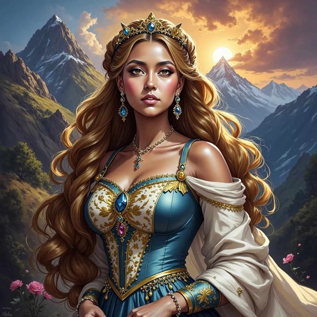 Prompt: a woman in a blue dress with a crown on her head and a mountain in the background, Anne Stokes, fantasy art, epic fantasy character art, a detailed painting