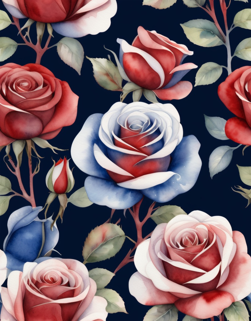 Prompt: watercolor,red, white and blue rose bush