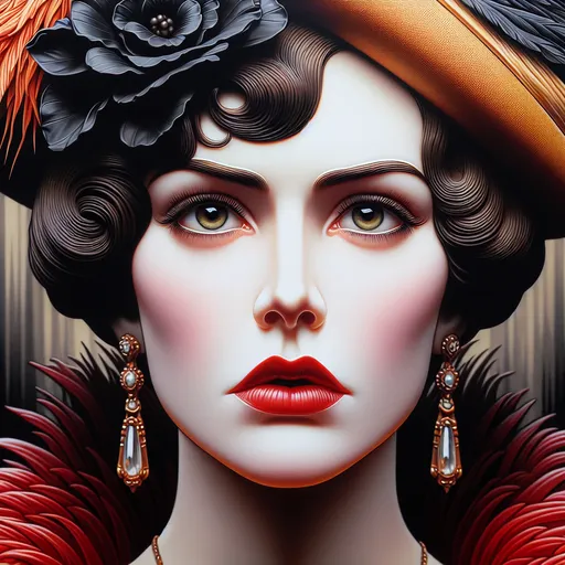 Prompt: <mymodel>fashionable 1st class  female passenger on the Titanic, pale skin, dark styled hair, large lips,  looking sad, facial closeup, vibrant colors, red dress and elaborate hat with feathers