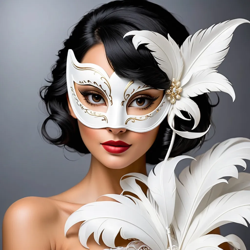 Prompt: white masquerade mask worn by an elegant lady with black hair, facial closeup