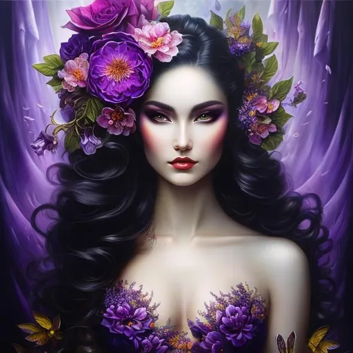 Prompt: Beautiful  hybrid woman with purple flowers sprouting from her, oil painting,ethereal glow, dark and mysterious, high quality, vibrant colors, surreal, haunting, intricate floral details, intense gaze, mystical atmosphere, oil painting, demon, hybrid, fiery eyes, ethereal, vibrant colors, surreal, haunting, floral details, intense gaze, mystical atmosphere