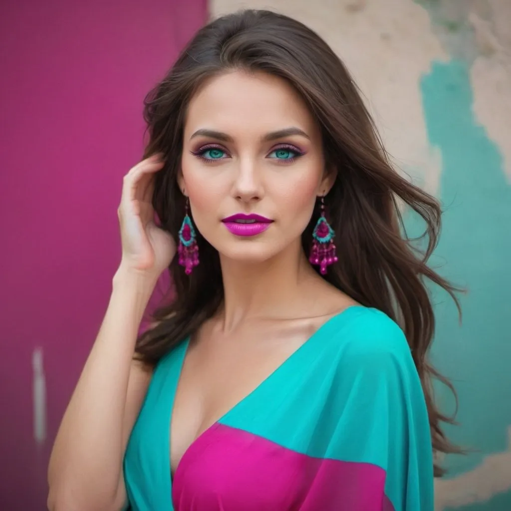 Prompt: A beautiful woman in colors of turquoise and magenta