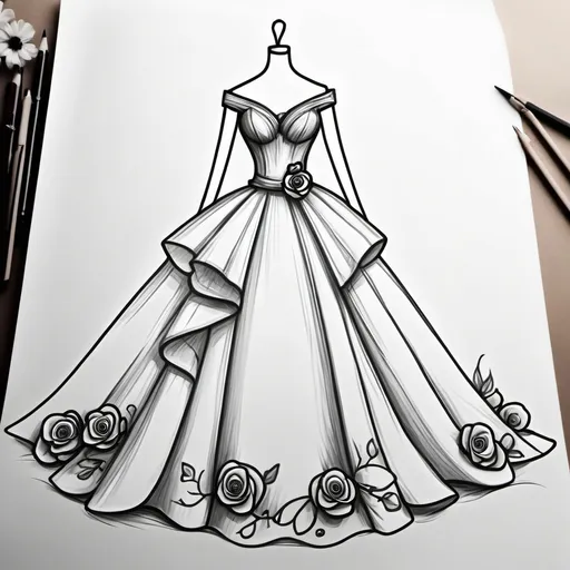 Prompt: Make a sketch of gown dress inspire by rose flowers
