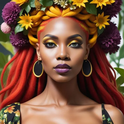 Prompt: <mymodel>In a majestic detailed floral the mystical Empress, a black woman with green and yellow hair, stands tall amidst vibrant flora, embodying divine grace and feminine power.