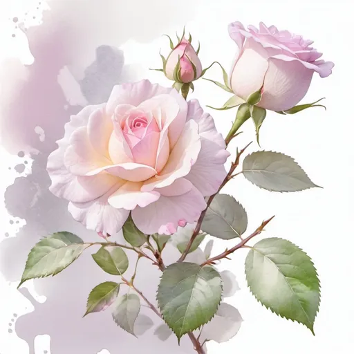 Prompt:  🌸English watercolor, botany, branch of a blooming park rose, white background, watercolor splashes, fine drawing, blur, fog, powdery, silver, soft lilac, soft pink,
silk, milk, softness, tenderness, 64k, high octane render