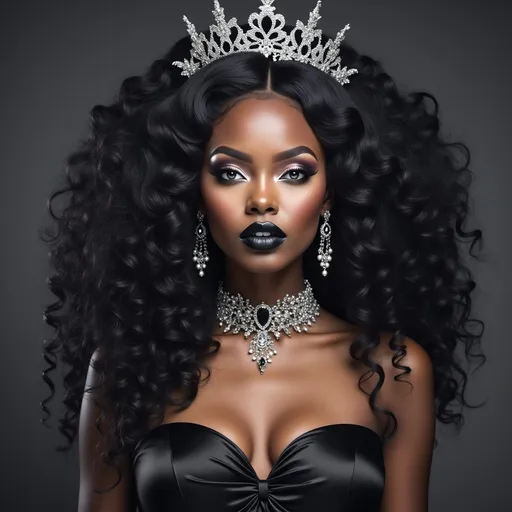 Prompt: a black woman with  long curly and a tiara and a black dress on her head and a black lip and a black dress on her body, Chinwe Chukwuogo-Roy, gothic art, beautiful detailed, a character portrait