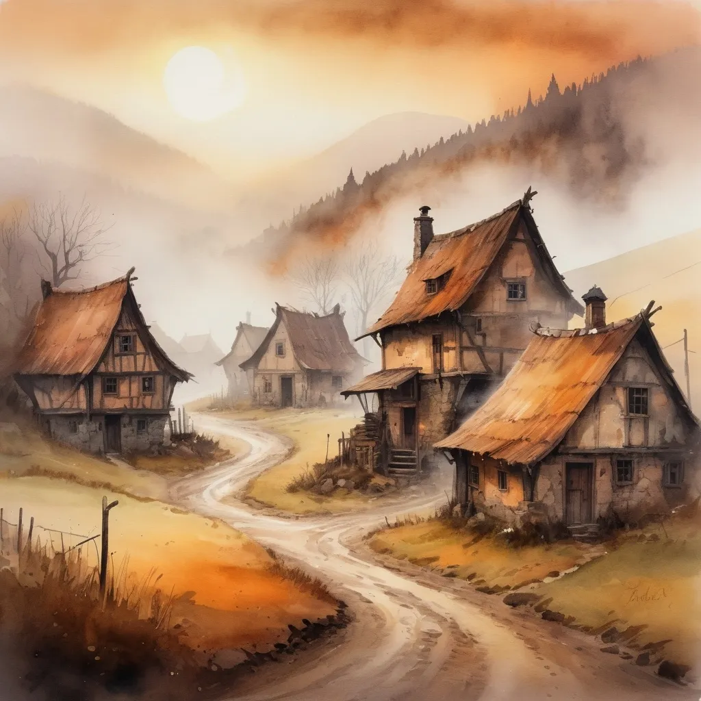 Prompt: watercolor, small village, foggy, rustic, dramatic fantasy settlement scene, warm tones