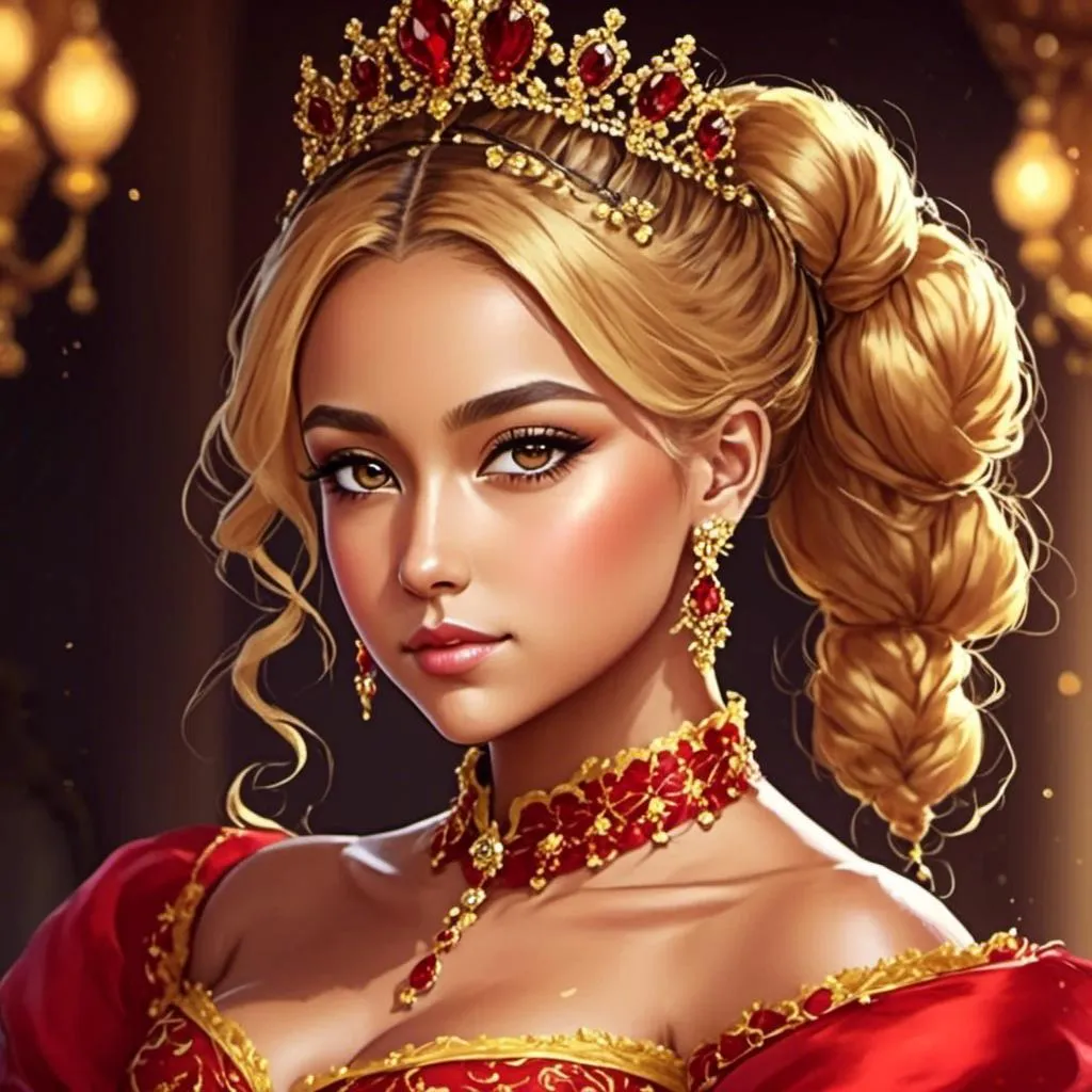 Prompt: <mymodel>High-quality digital painting of a teenage princess with blonde hair in a bun, wearing a stunning red dress, big pretty eyes, royal ambiance, detailed fabric textures, elegant crown, soft lighting, warm tones, professional, regal, detailed eyes, royal gown, digital painting, warm lighting, late teens, blonde bun hairstyle, royal ambiance