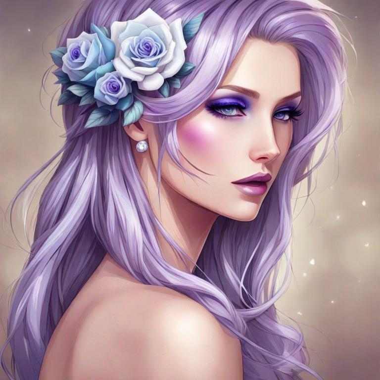 Prompt: A beautiful woman, white hair with pastel purple highlights, violet eyes, blue eyeshadow, pastel blue roses in her hair, blue jewels on forehead, cartoon style