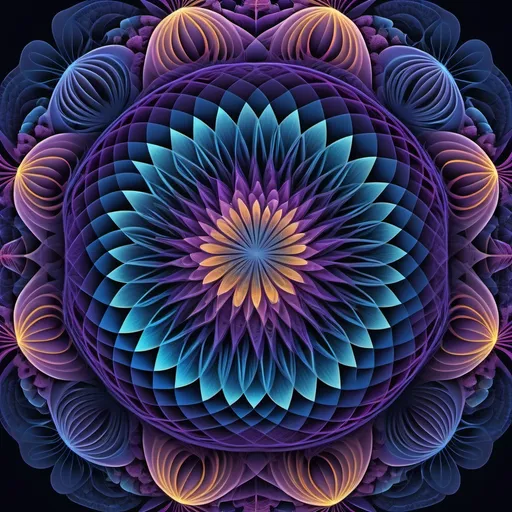 Prompt: (Spirograph art), highly detailed, intricate patterns, vibrant colors, deep blues and purples, radial symmetry, mesmerizing geometric shapes, gradient hues, elegant and complex designs, swirling motions, mathematical precision, dynamic composition, ethereal glow, calming effect, abstract beauty, captivating depth, immersive experience, fractal elements, ultra-detailed, high resolution, HD, masterful execution, artstation trending, award-worthy creation