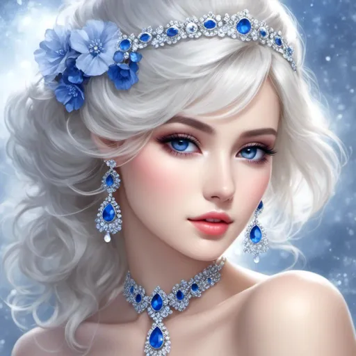 Prompt: <mymodel>A beautiful woman, white hair, blue eyes, blue eyeshadow, blue jewels o