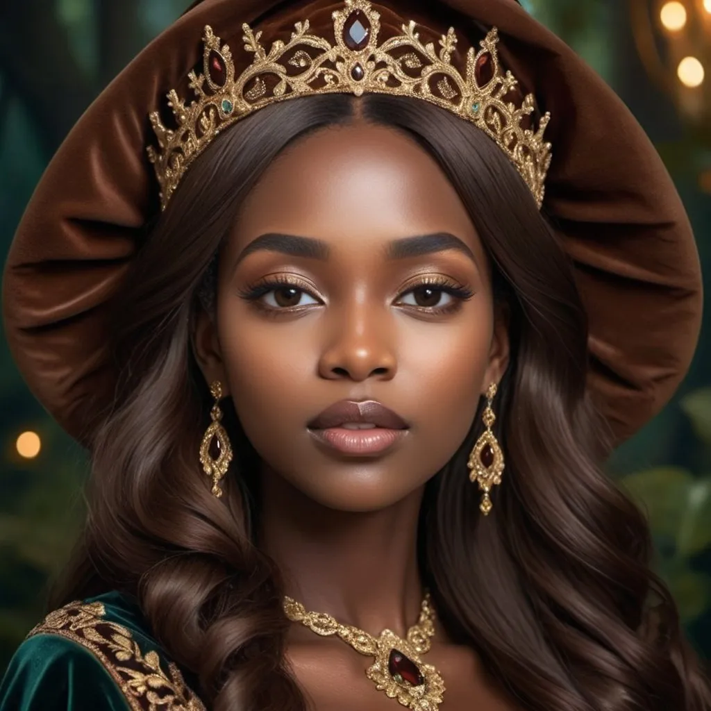 Prompt: Cocoa princess, rich chocolate tones, elegant gown with intricate details, regal crown adorned with gems, luxurious velvet cape, enchanting forest setting, warm and soft lighting, high quality, royal fantasy, detailed embroidery, majestic, opulent, graceful, royal, warm lighting