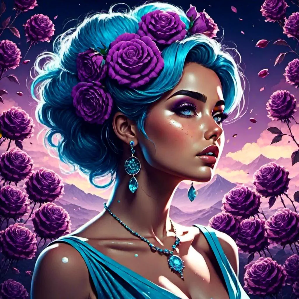 Prompt: <mymodel>Cosmic Epic Beauty, Beautiful and Gorgeous, purple roses in hair and wearing turquoise jewelry