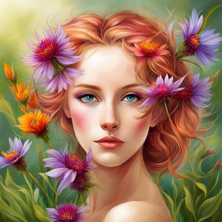 Prompt: a fairy of spring, ,wildflowers, vivid colors,  facial closeup