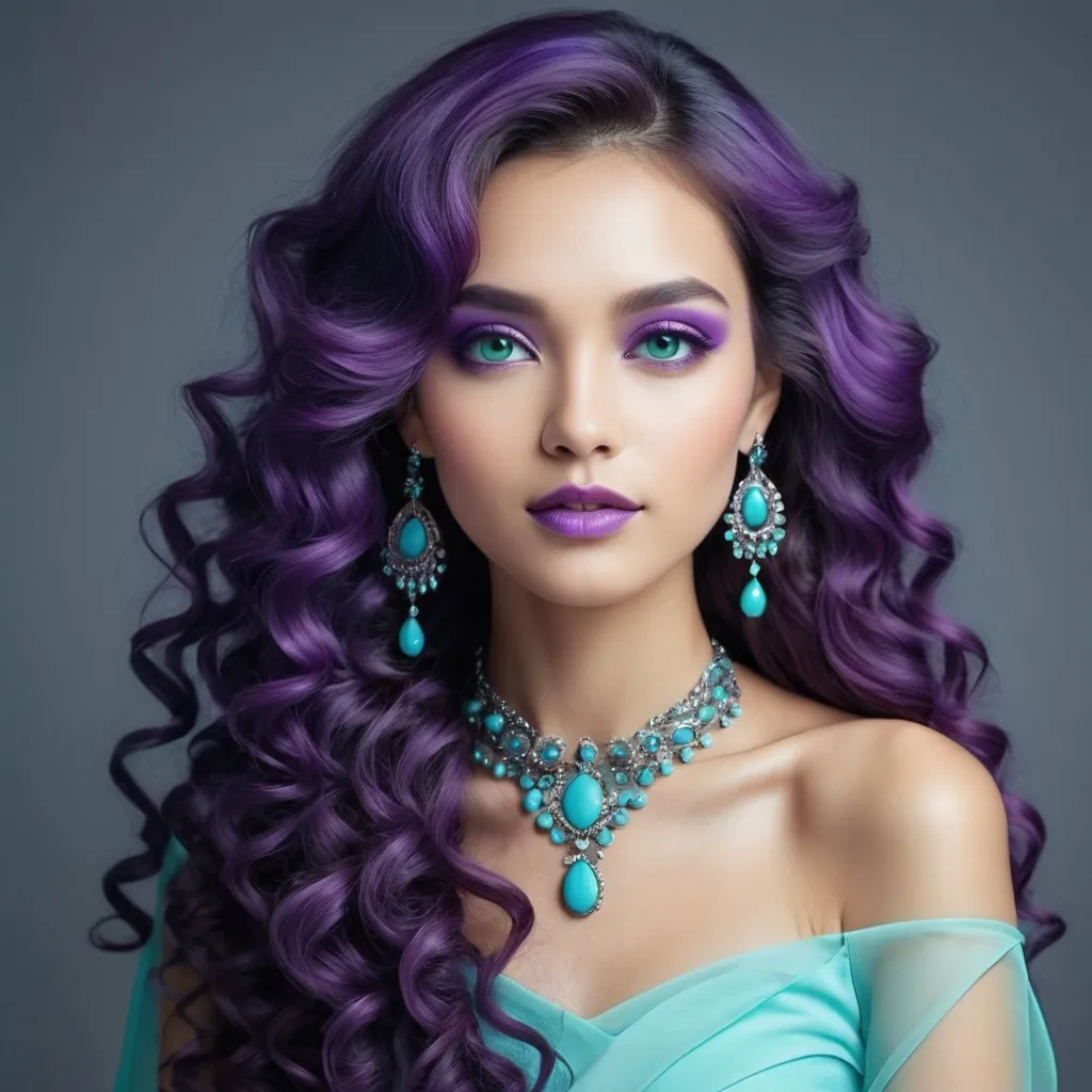 Prompt: <mymodel>An extremely gorgeous woman,  with turquoise jewels, in color scheme of purple, long curly hair