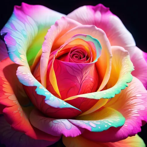 Prompt: Psychedelic rose, vibrant and colorful petals, swirling patterns, high quality, surreal art, abstract, neon tones, glowing effects, intricate details, artistic rendering, vibrant colors, dreamlike atmosphere, surreal lighting