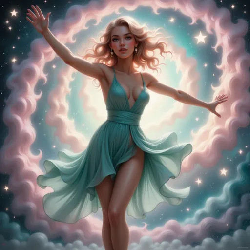 Prompt: A stunning dancer strikes a dynamic pose against a mesmerizing backdrop of swirling pastel colors illuminated by sparkling stars. Dressed in a vibrant teal dress that cinches at the waist, her curly blonde hair cascades down her shoulders, adding to the playful yet glamorous vibe. With one leg elegantly raised and an arm gracefully extended, she exudes confidence and joy, embodying the spirit of dance. The composition merges fantasy and energy, enhanced by the ethereal light that radiates from the spiraling background, creating a captivating atmosphere. This scene resonates with celebration and creativity, inviting viewers to join the rhythm of the moment.