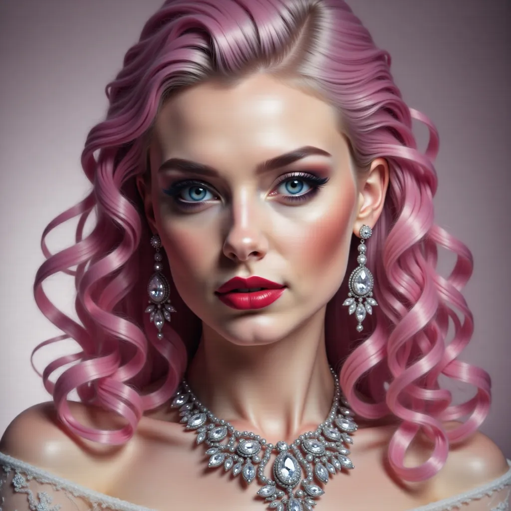 Prompt: a woman with pink hair and blue eyes wearing a necklace and earrings with a diamond necklace on her neck, Edwin Georgi, photorealism, highly detailed digital painting, a photorealistic painting