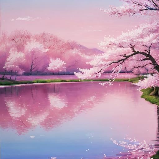 Prompt: A peaceful pink landscape, oil painting, cherry blossom trees in full bloom, serene lake reflecting the pink sky, high quality, impressionist, pastel pink tones, soft lighting