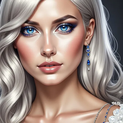 Prompt: A beautiful woman with silver hair and blue eyes