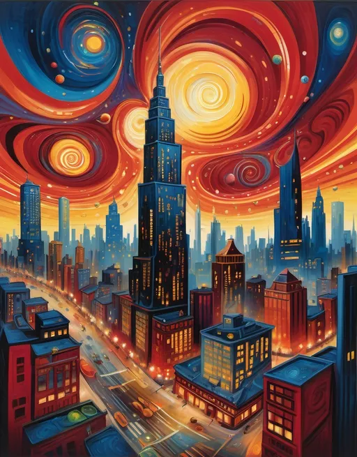 Prompt: A vibrant and dynamic cityscape bursts with color, showcasing an imaginative skyline dominated by tall skyscrapers, including a prominent central building that emanates shades of red, blue, and yellow. The background features a swirling night sky, imbued with luminescent planets, stars, and abstract swirls reminiscent of Van Gogh's style, casting a fantastical atmosphere. Below the skyline, a reflective body of water captures the dazzling hues from the buildings and sky, where drips of paint cascade in a kaleidoscope of colors, blending seamlessly into the scene. The overall composition radiates a joyful energy, celebrating the convergence of urban life and celestial wonder in an explosion of creativity and imagination.