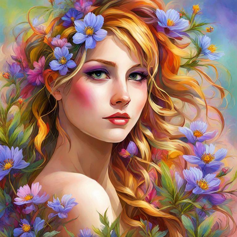 Prompt: a fairy of spring, ,wildflowers, vivid colors,  facial closeup