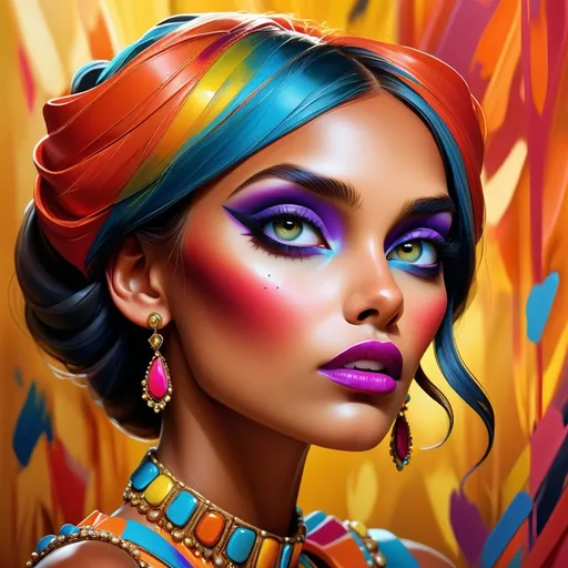 Prompt: digital painting, dramatic colourful makeup, high fashion, intense gaze, realistic portrayal, vibrant colors, detailed features, highres, professional, dramatic, realistic, digital painting, intense gaze, vibrant colors, detailed features, high fashion, glamorous lighting