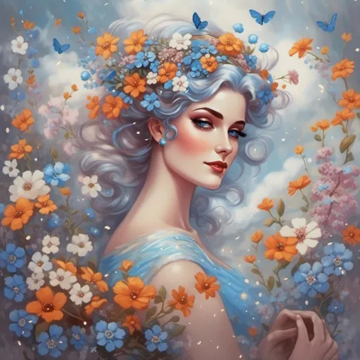 Prompt: <mymodel>A beautiful and colourful Persephone whose hair is made of clouds that rains down forget-me-not flowers and baby's breath flowers, while chickadees fly around in a painted style