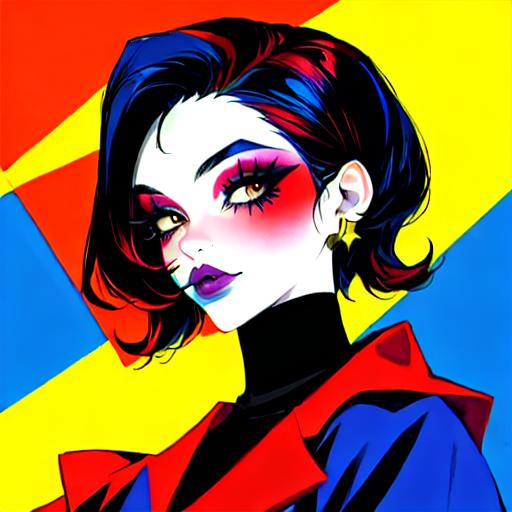 Prompt: A woman all in primary colors, pretty makeup