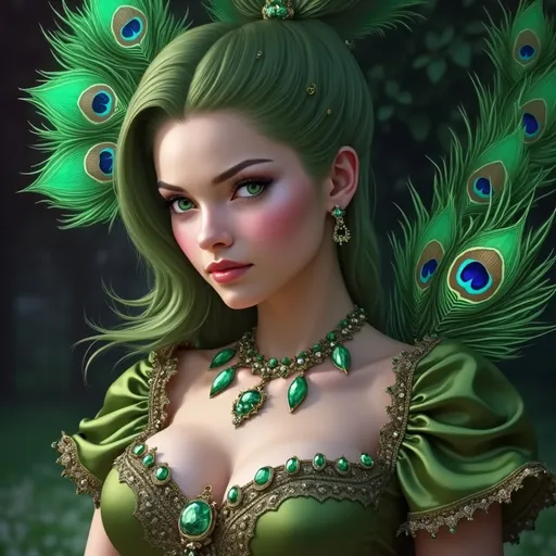 Prompt: a  closeup of a woman with green eyes in a green dress with a peacock feather on her head and an emerald  necklace on her neck. Charlie Bowater, fantasy art, highly detailed digital painting, a photorealistic painting