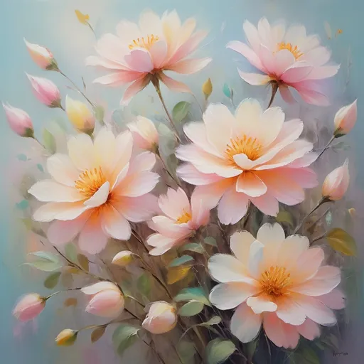 Prompt: <mymodel> Pastel-themed painting of flowers, oil painting, soft brush strokes, delicate petals, vibrant pastel colors, high quality, impressionism, soft color palette, natural lighting