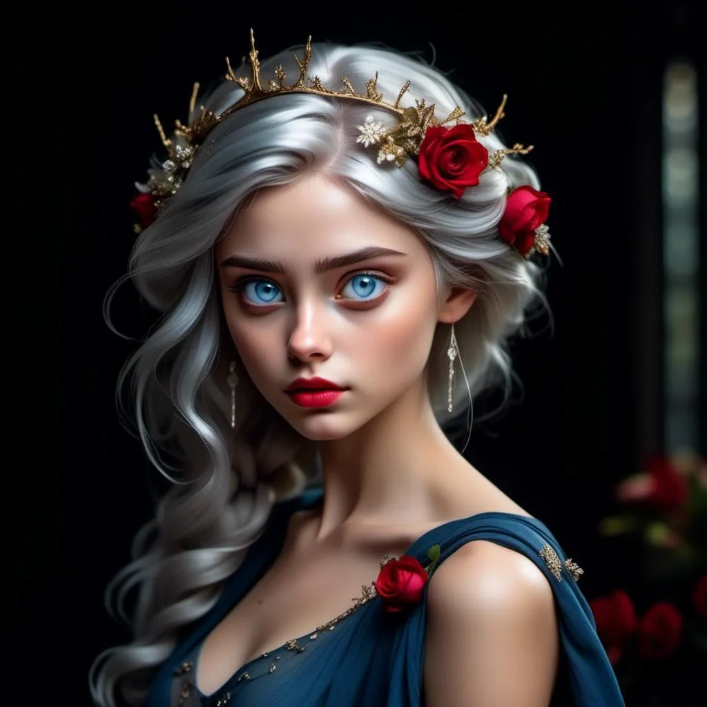 Prompt: <mymodel>Fairy tale, beautiful girl with white skin, (perfect face), light golden hair, blue pupils, red lips, forest style, mysterious, vintage fashion-dresses, with a transparent crystal crown on her head, the woman's body is so white Glows, (high detail) sitting on an oversized red rose, hyperdetail, ultra high definition.