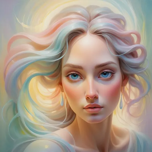 Prompt: Ethereal oil painting of a serene goddess, flowing pastel brushstrokes, surreal ethereal beauty, divine radiance, high quality, oil painting, serene beauty, pastel tones, soft lighting