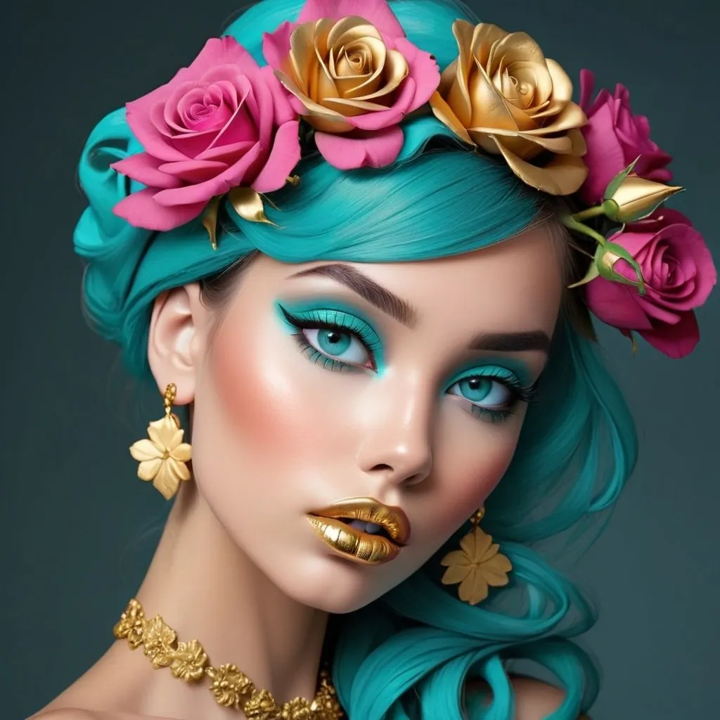 Prompt: <mymodel>turquoise and gold beauty, beautiful makeup, gold lipstick, rose colored flowers