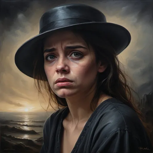 Prompt: Expression of grief in a realistic oil painting, dark, somber tones, emotional facial features, teardrops, expressive eyes, moody lighting, high quality, realistic, emotional, dark tones, somber, detailed facial expression, traditional art, atmospheric lighting