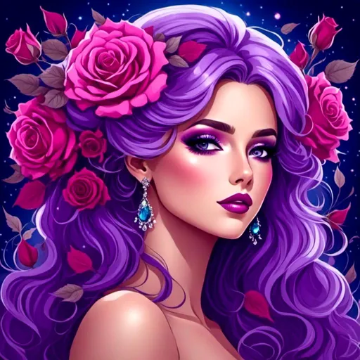 Prompt: <mymodel>Cosmic Epic Beauty, Beautiful and Gorgeous, purple roses in hair